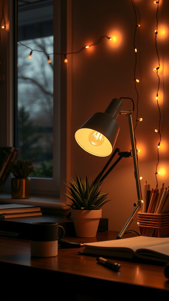 A cozy home office with a desk lamp and string lights creating a warm atmosphere