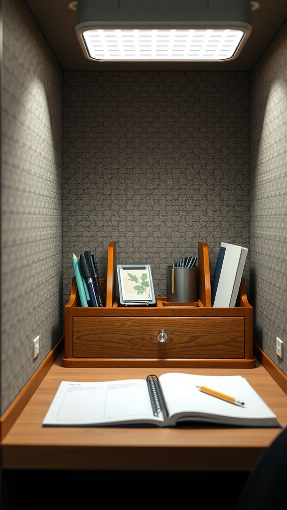 A wooden desk organizer with stationery items on a desk.