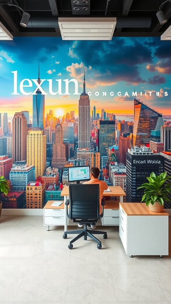 An office space featuring a vibrant mural of a city skyline, with a person at a desk and greenery in the background.