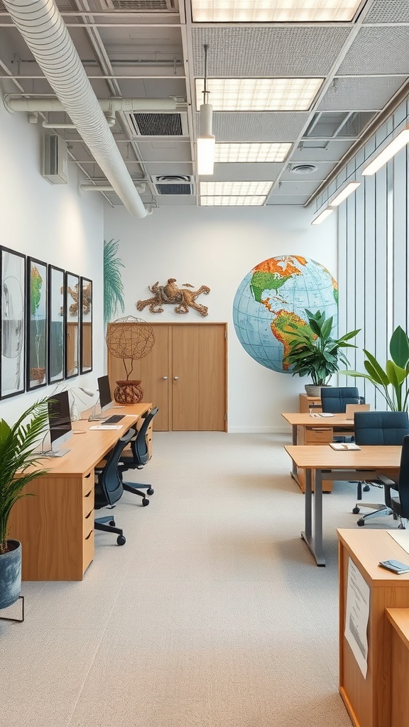 An office space with artistic decor including a world map, framed art, and plants.