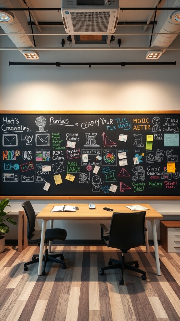 A modern office space featuring a chalkboard wall filled with colorful notes and drawings, with a wooden desk and chairs in front.
