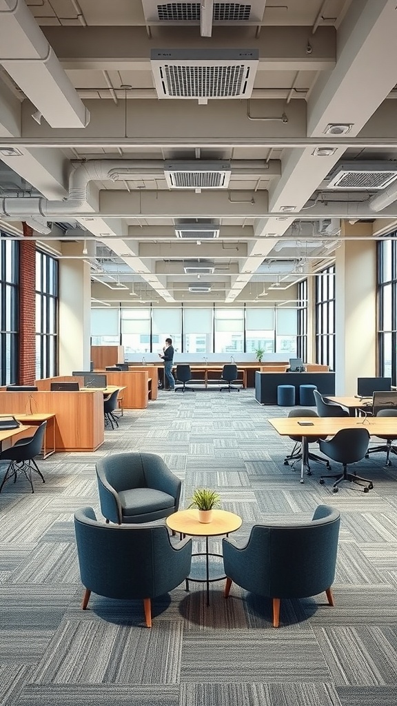 A modern office space with collaborative work zones, featuring cozy chairs and desks for teamwork.