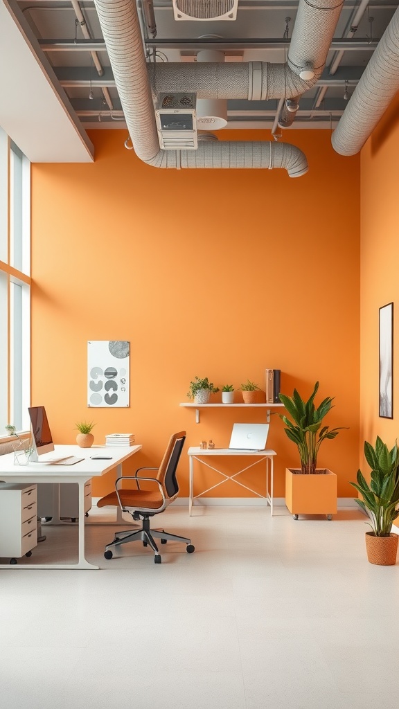 A bright office space with an orange wall, white furniture, and plants, creating a lively and fresh atmosphere.