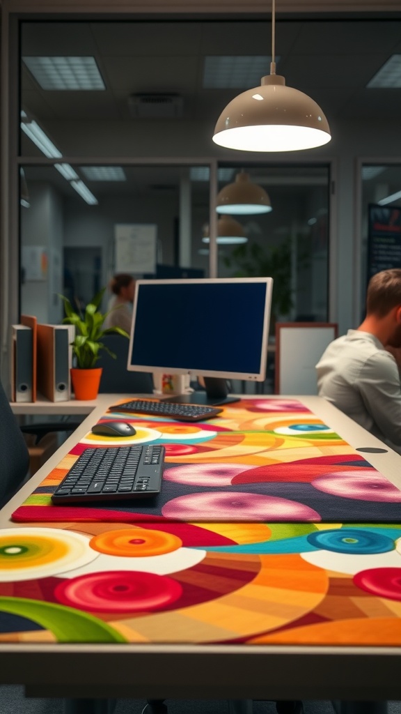 A colorful desk mat on an office cubicle desk, featuring vibrant swirls and patterns