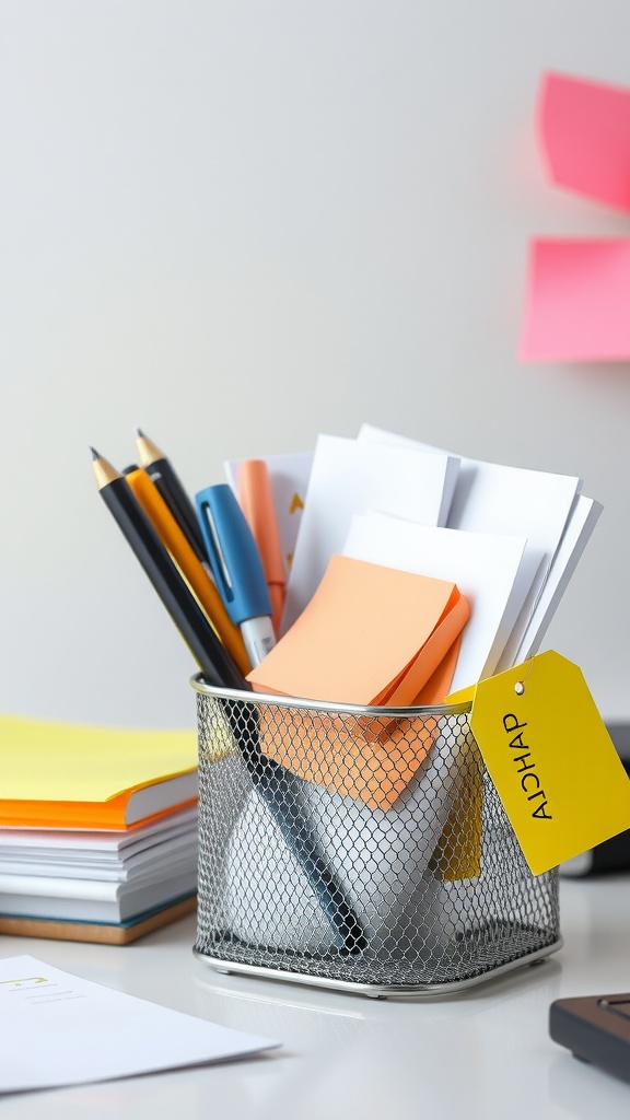 Colorful desk organizers with sticky notes, pens, and papers in a mesh container