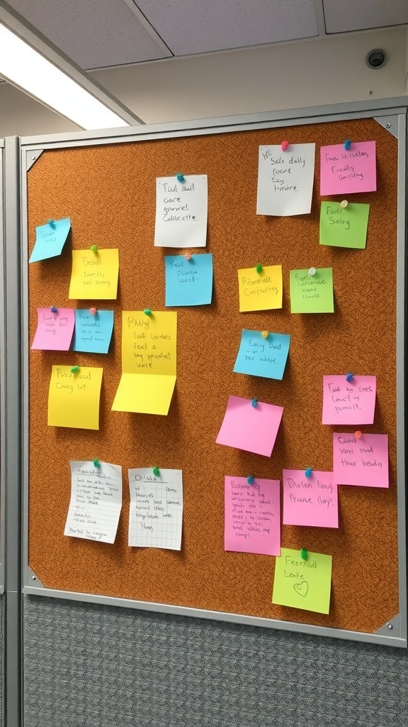A corkboard filled with colorful sticky notes for reminders and tasks.