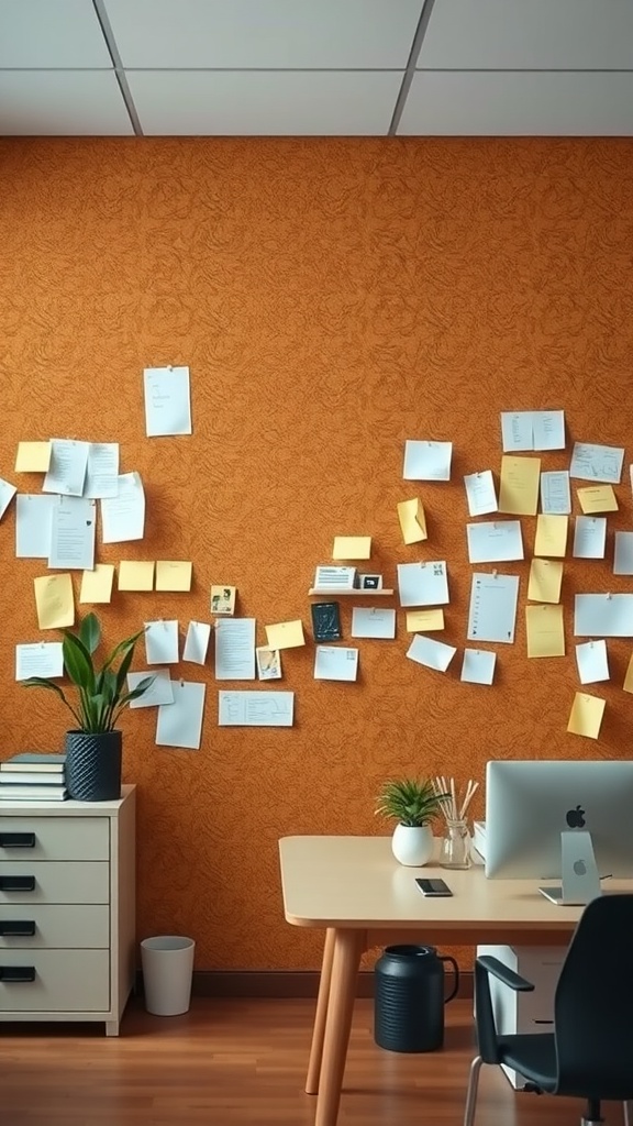 An office wall decorated with a corkboard filled with notes and ideas, alongside a desk and plants.