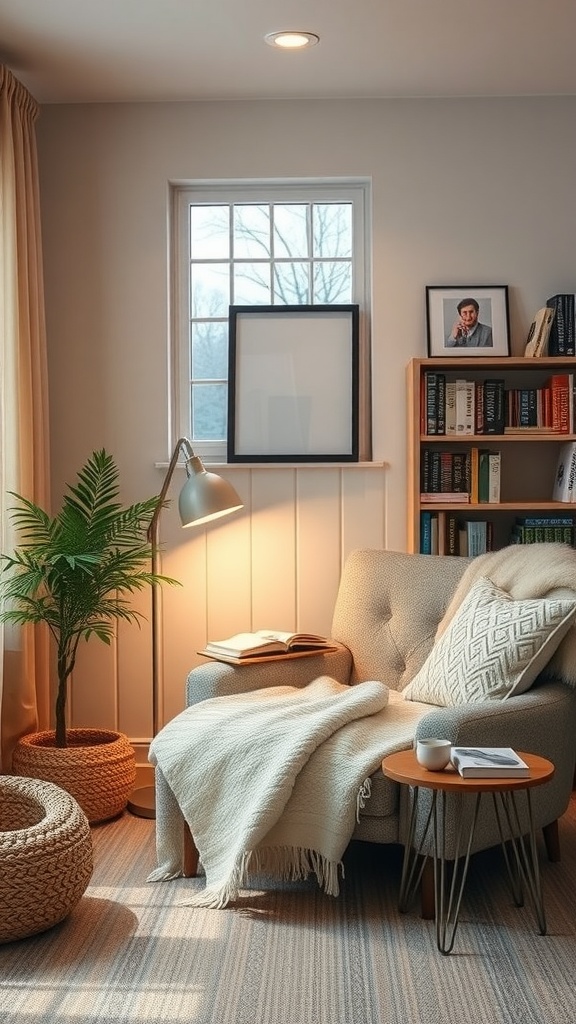 A cozy reading nook in a home office, featuring a soft chair, a side table, a warm blanket, and a plant.