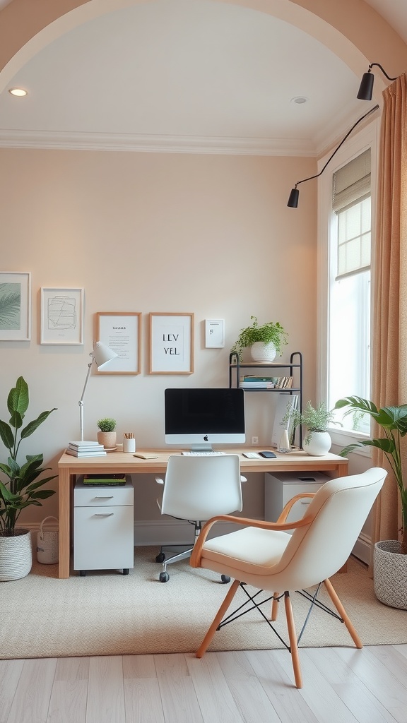 A serene home office setup featuring soft colors, plants, and modern furniture.