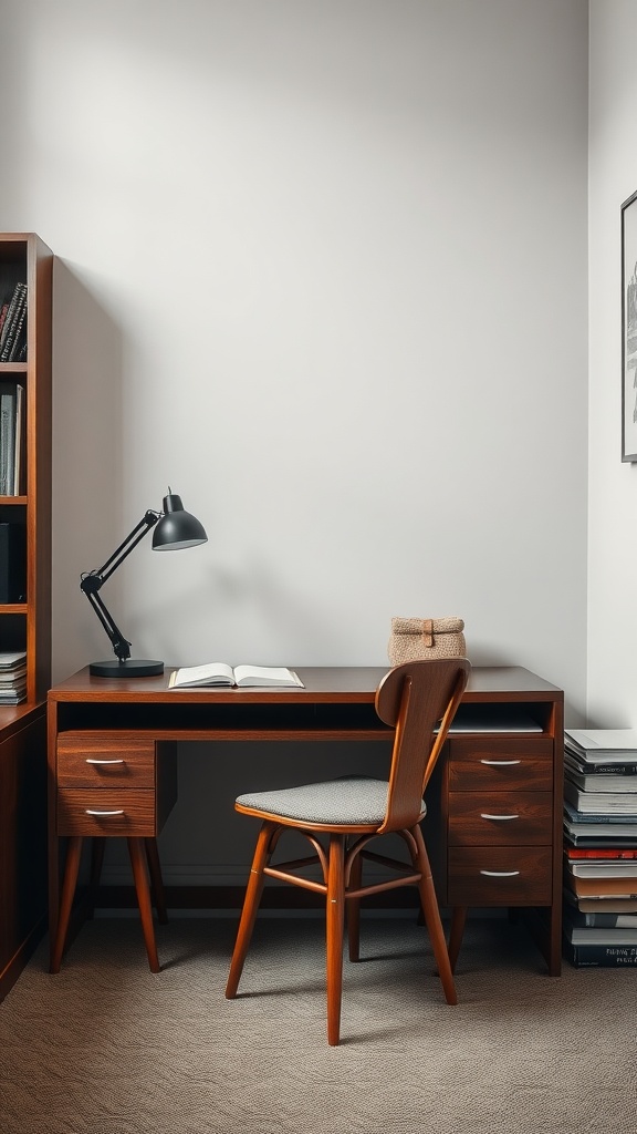 A simple office with a wooden desk, chair, and bookshelf, creating a cozy reading nook ambiance.