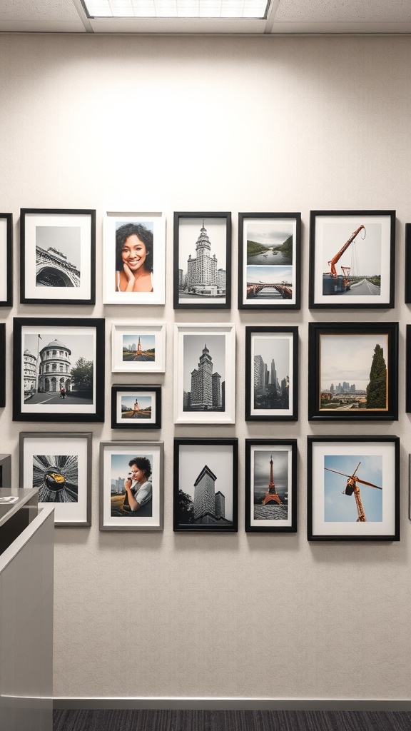 A wall of framed photographs in an office cubicle, featuring a mix of iconic landmarks and personal portraits