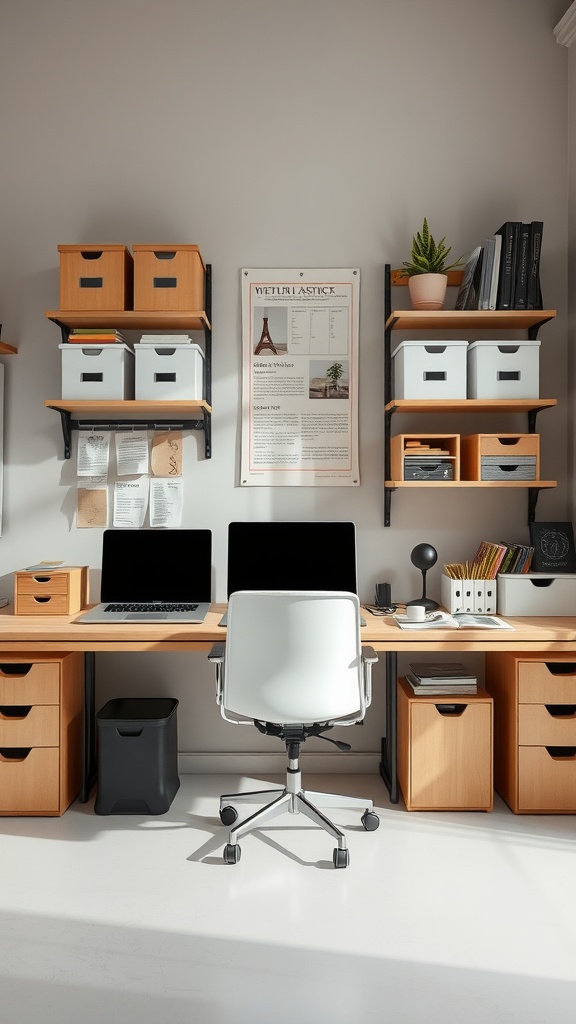A modern office workspace with creative storage solutions including shelves, storage boxes, and a clean desk setup.