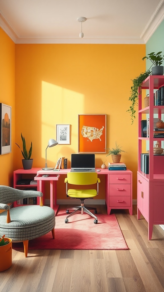 A vibrant home office with bright yellow walls, pink furniture, and a cozy chair, showcasing a colorful and inviting workspace.