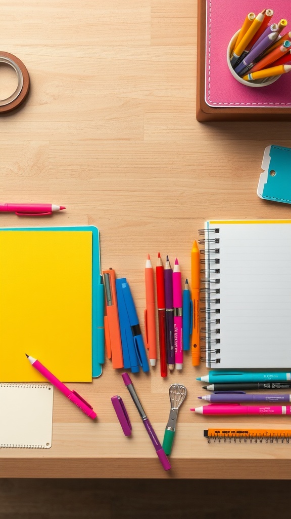 A colorful assortment of stationery items arranged on a wooden desk, including pens, notebooks, and a stylish pen holder.