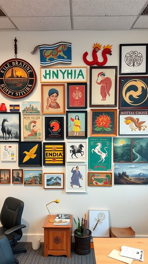 A colorful office wall decorated with cultural artifacts including framed art pieces, textiles, and decorative objects.