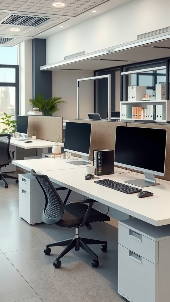 A modern office with customizable workstations featuring white desks, ergonomic chairs, and green plants.