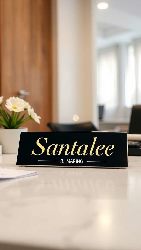A customized name plate with the name 'Santalee' and initials 'R. MARING' placed on a desk alongside a small plant.
