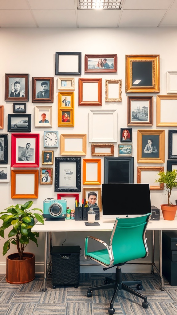 An office wall decorated with an eclectic mix of photo frames in various styles and colors.