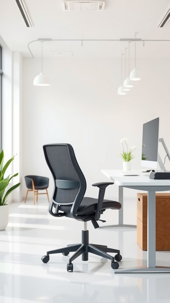 A modern office space featuring an ergonomic chair and a minimalist desk setup.
