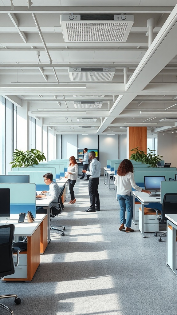 A modern office space with flexible layouts, featuring desks with partitions, plants, and people collaborating.