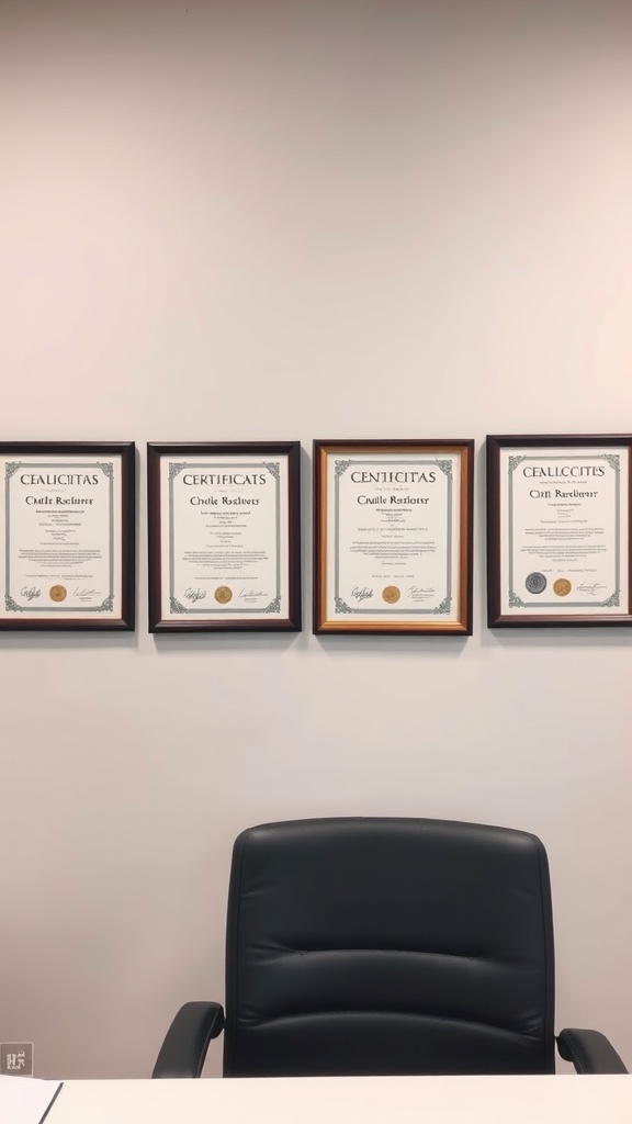 An office wall displaying framed certificates and achievements.