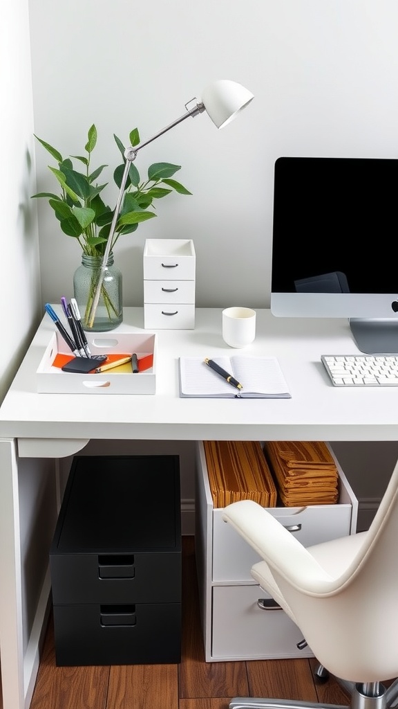 A clean and organized home office desk featuring a lamp, computer, plants, and storage solutions.