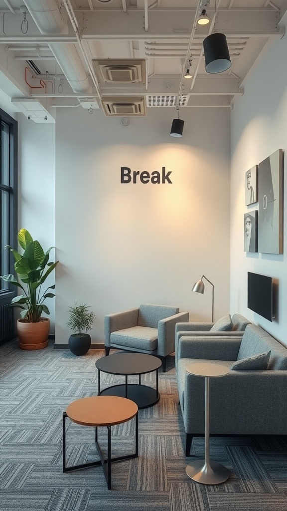 A cozy office break area with gray seating, tables, and potted plants.