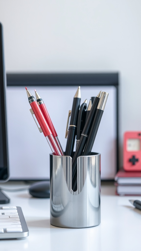 A metallic pen holder with red and black pens on an office desk.