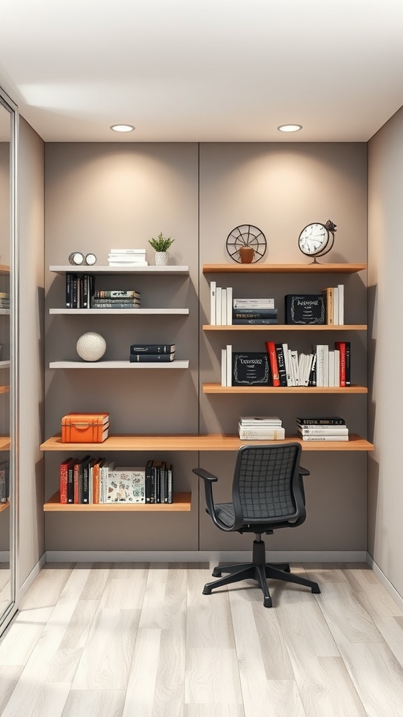 A stylish office cubicle featuring functional wall shelves with books, decorative items, and a small plant.