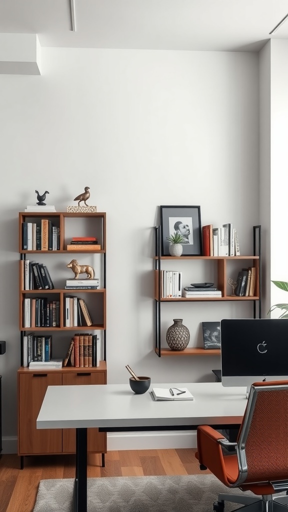 A modern office workspace featuring functional wall shelves with books and decorative items.