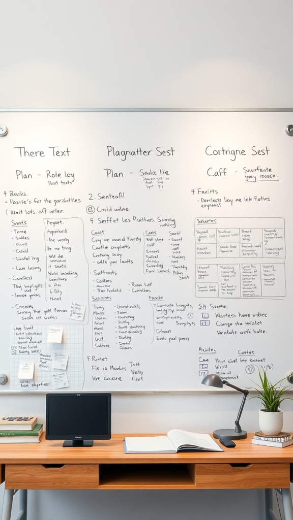 An organized workspace featuring a whiteboard filled with notes and plans, alongside a simple desk with a laptop and books.