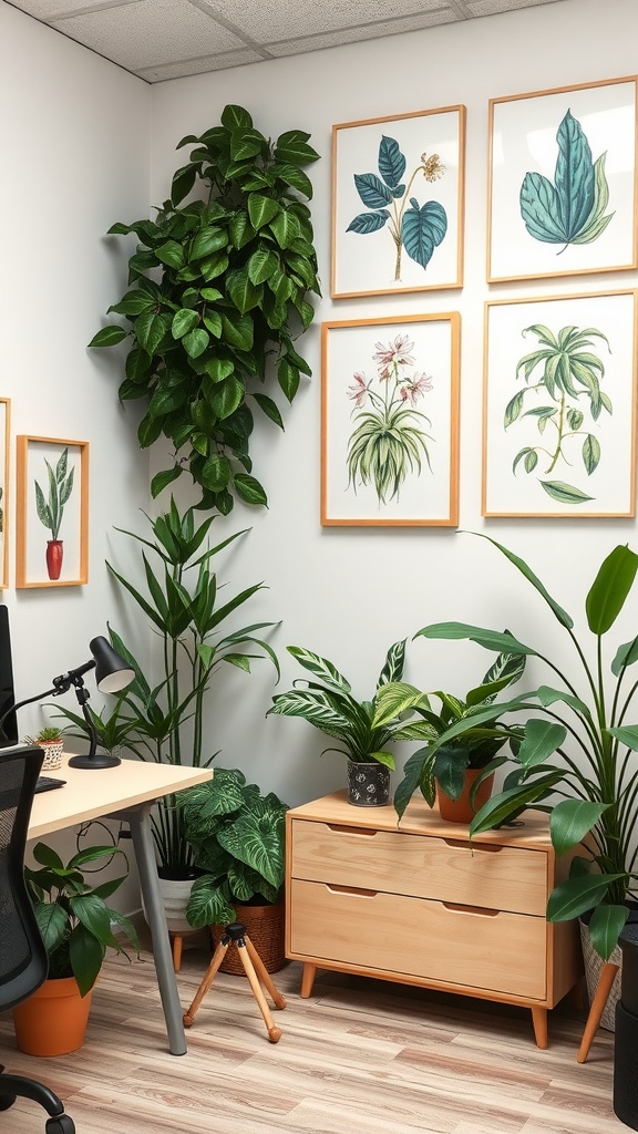 An office corner decorated with plants and botanical prints