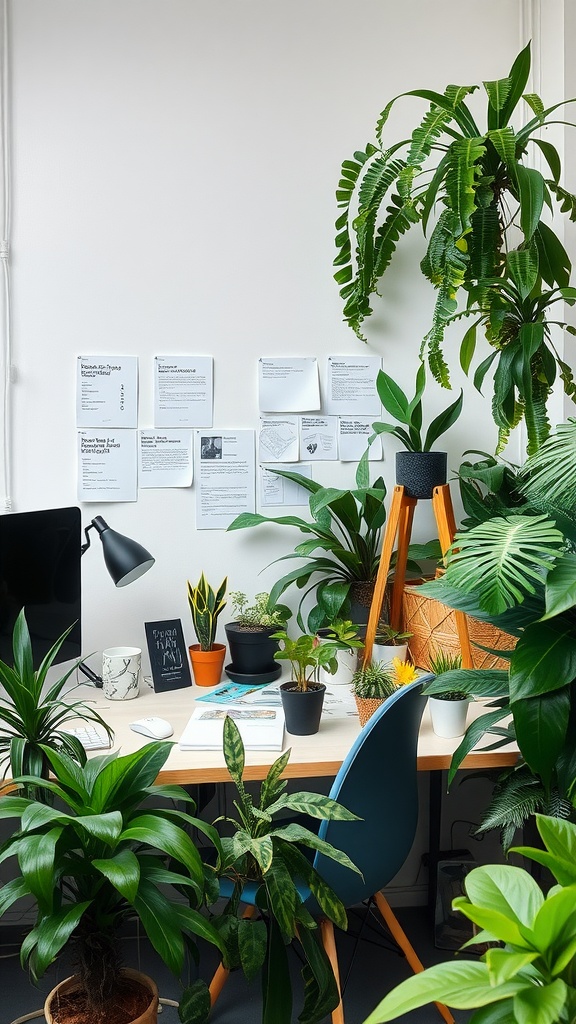 A well-decorated office workspace filled with various indoor plants and a desk