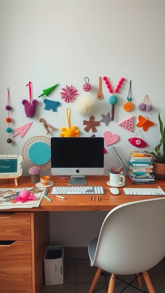 A colorful office cubicle with handmade crafts and decorations on the wall and desk