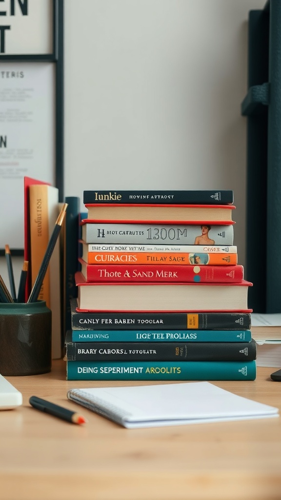 A stylish work desk featuring a stack of colorful books, a notepad, and a pencil.