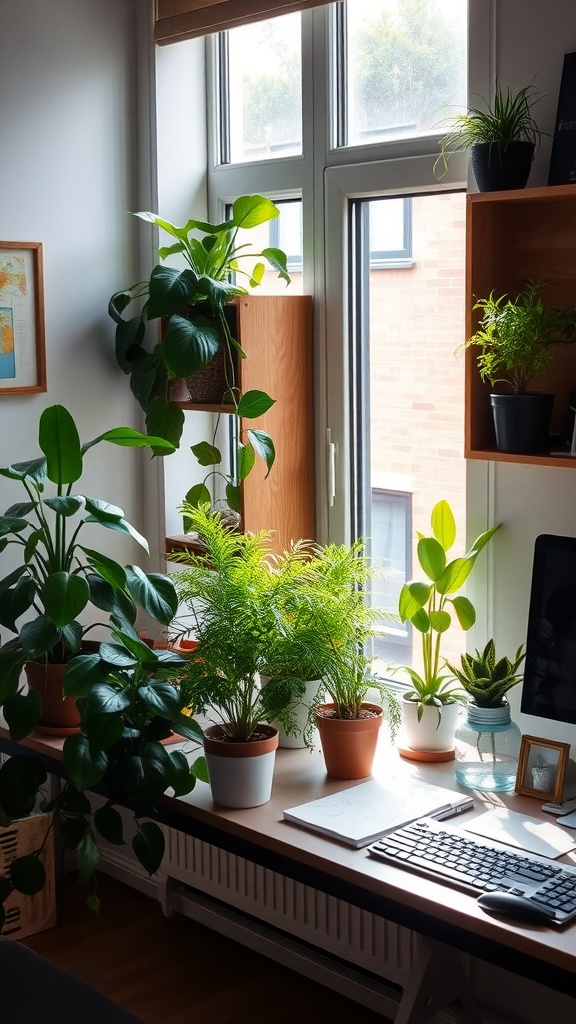 A cozy home office featuring various indoor plants on a desk by the window, with a computer and keyboard