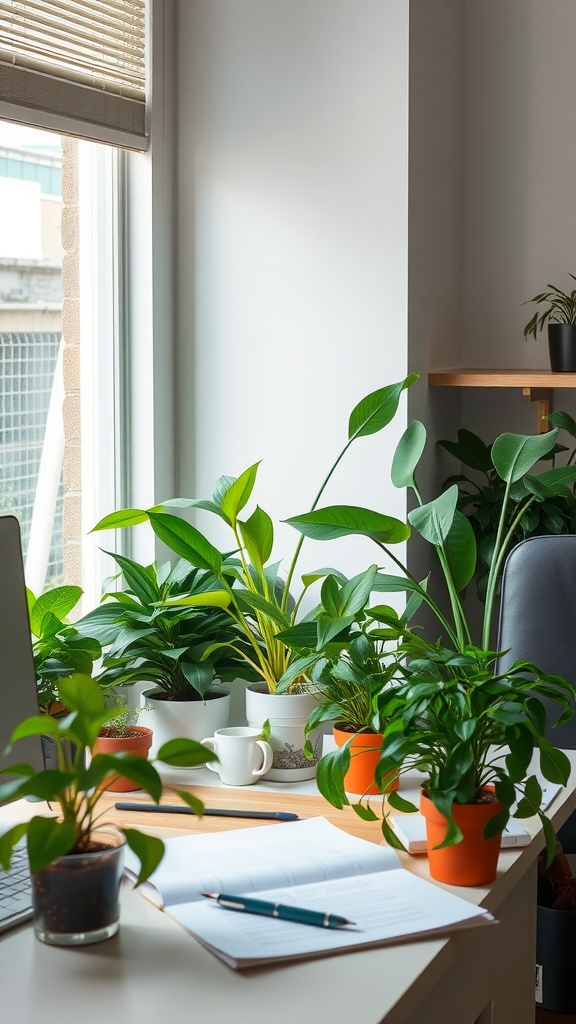 A cozy office desk with several green plants and a laptop, showcasing a vibrant and inviting workspace.