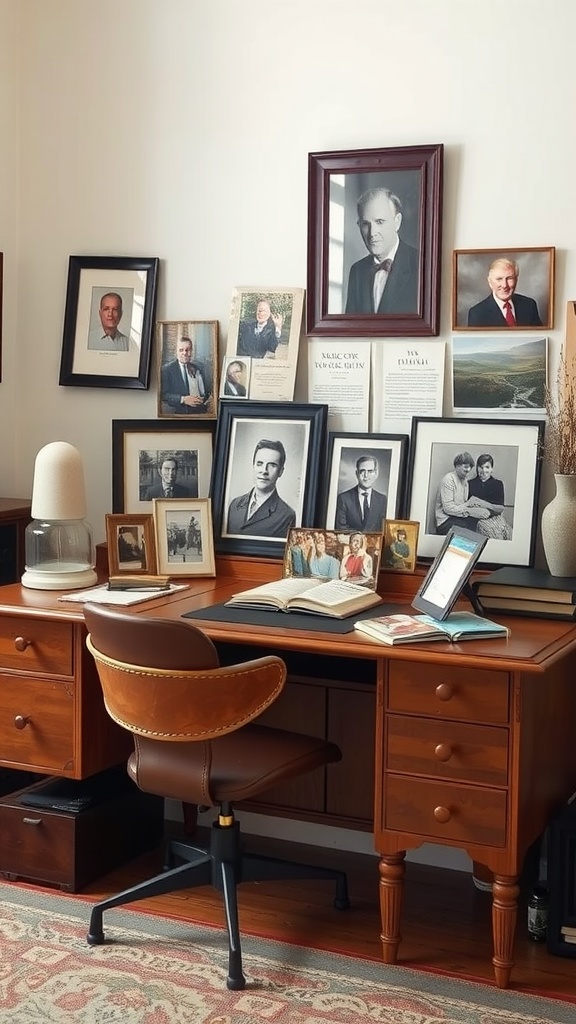 A wooden desk adorned with various framed personal photos and an open book, creating a warm and inviting workspace.
