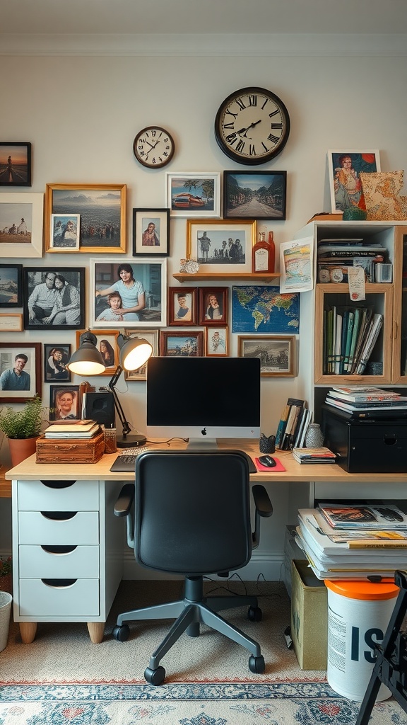 A cozy home office with a desk, computer, and a wall filled with framed photographs and clocks.