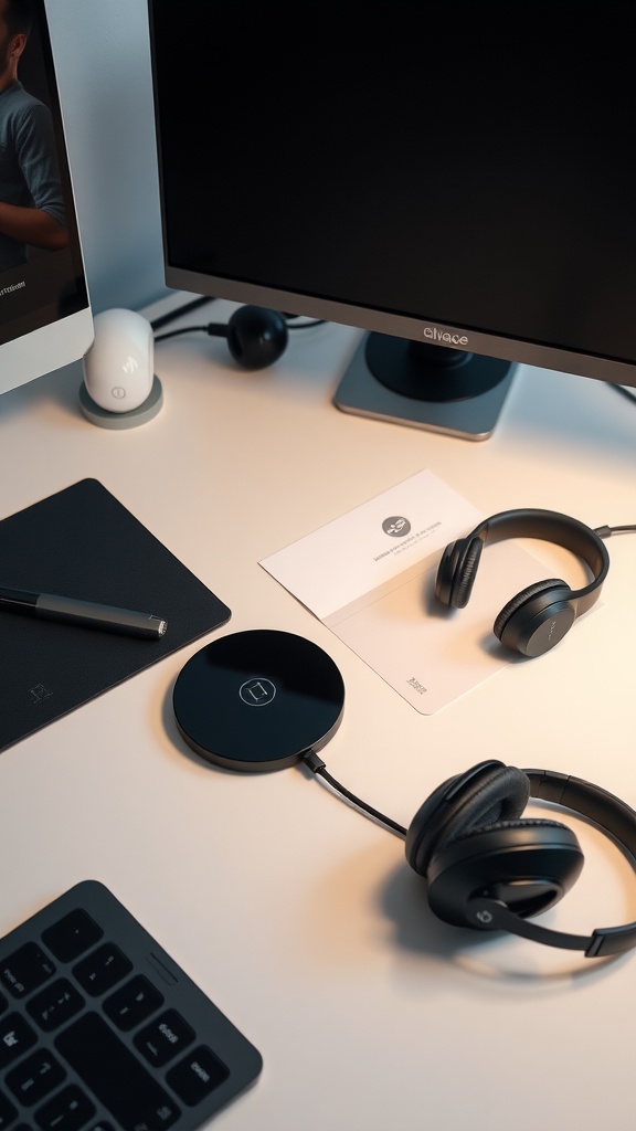 A modern work desk setup featuring a monitor, a keyboard, a wireless charging pad, and headphones