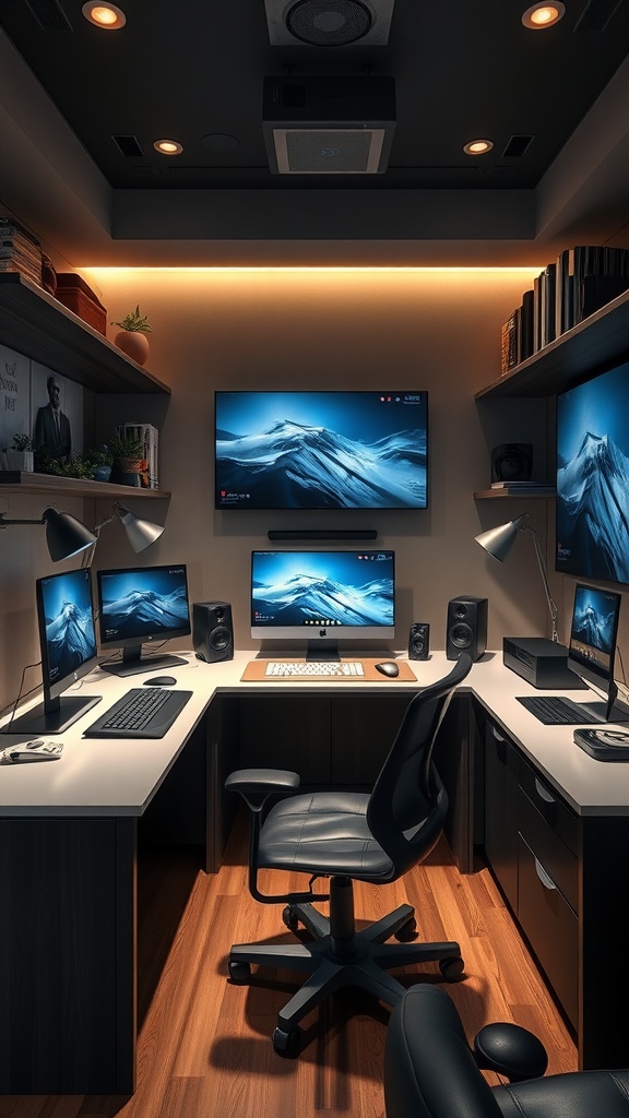 A modern home office with multiple computer screens, speakers, and warm lighting.