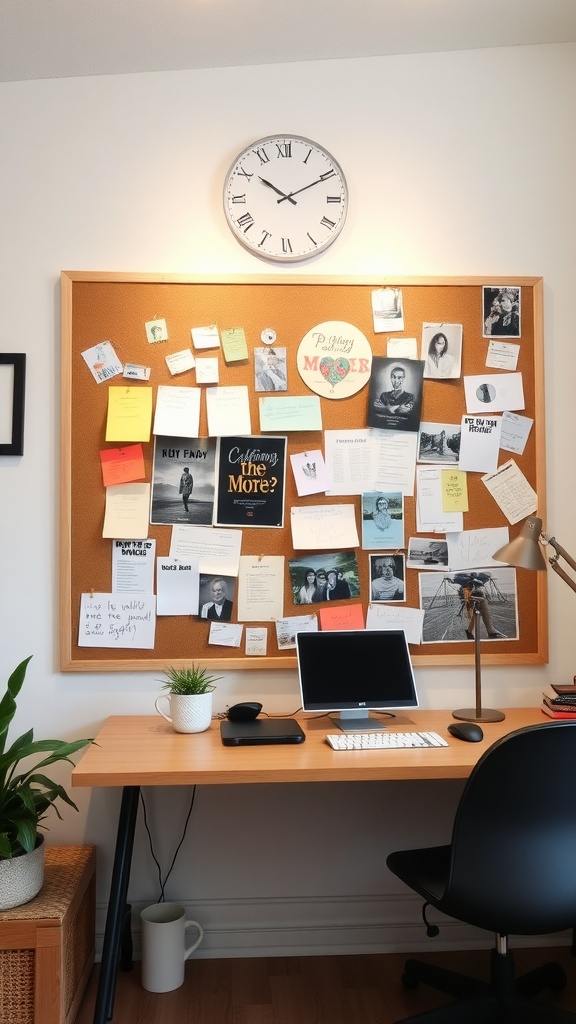 A home office setup featuring a bulletin board filled with notes and photos, a desk with a computer, and a plant.