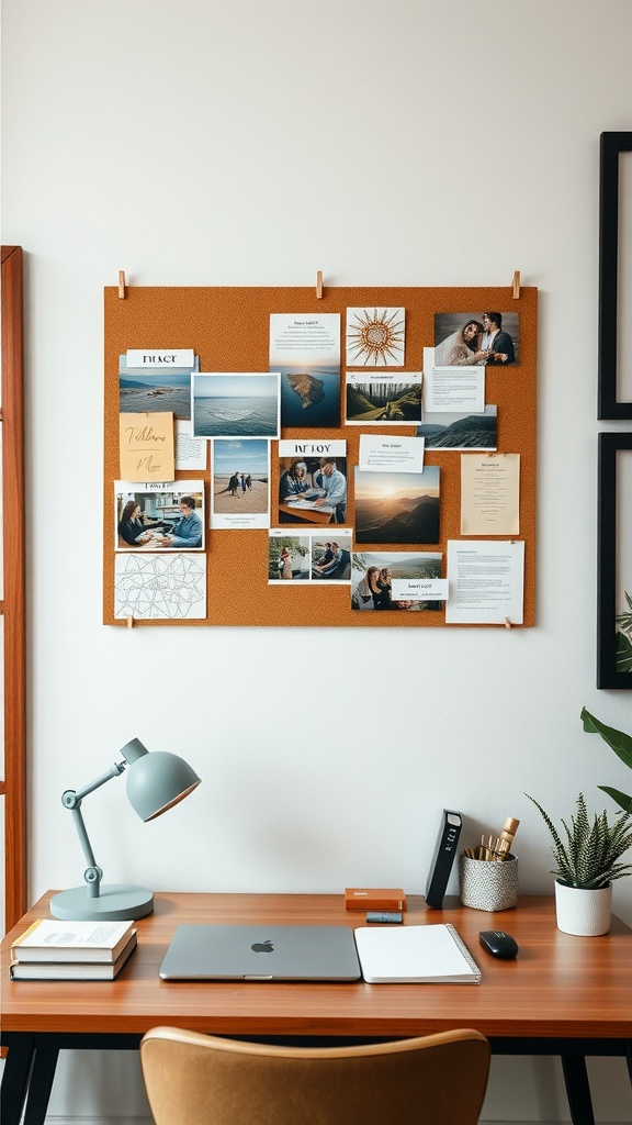 A stylish work desk with a corkboard filled with images and notes for goal setting.