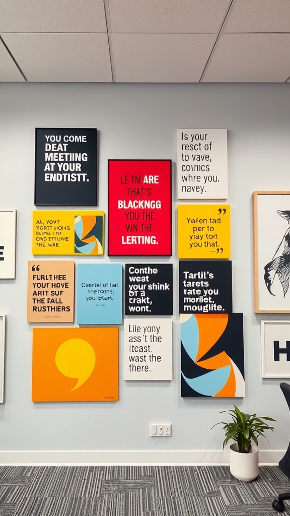 A vibrant wall art display in an office with various framed artworks featuring colorful designs and playful phrases.