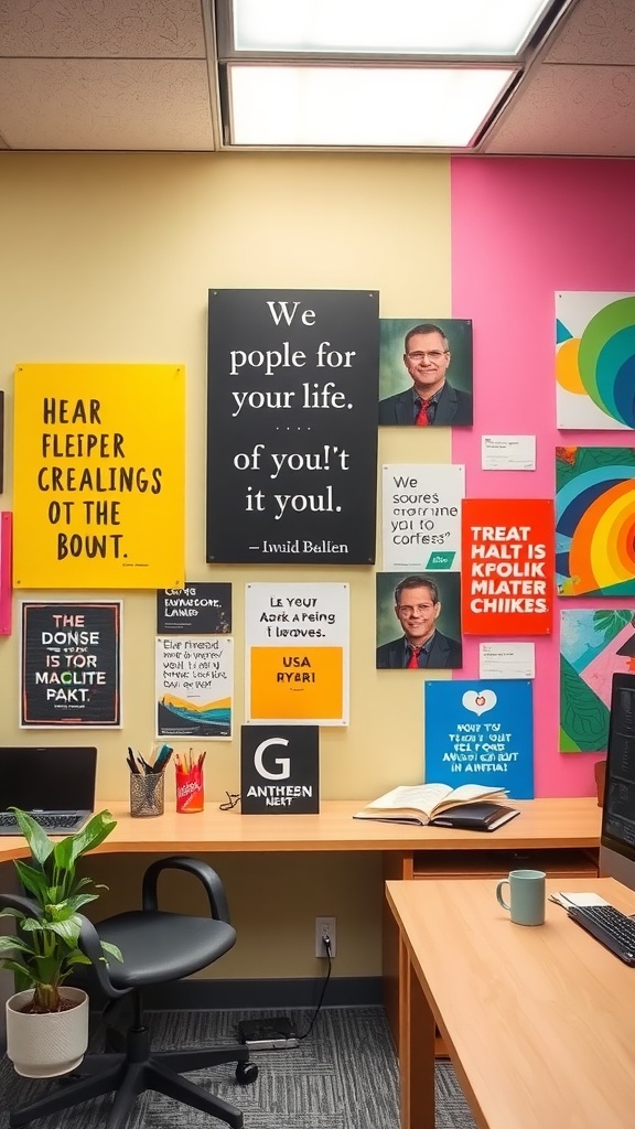 A colorful office wall decorated with inspiring quotes and art, featuring motivational phrases and playful designs.