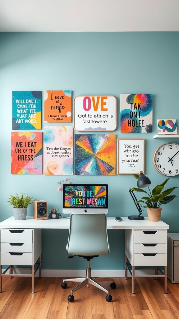 A home office with colorful wall art featuring motivational phrases and abstract designs, enhancing the workspace's creativity.