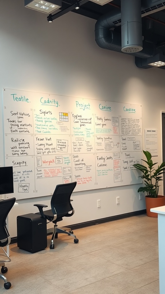 An interactive whiteboard wall filled with notes and brainstorming ideas in an office setting.