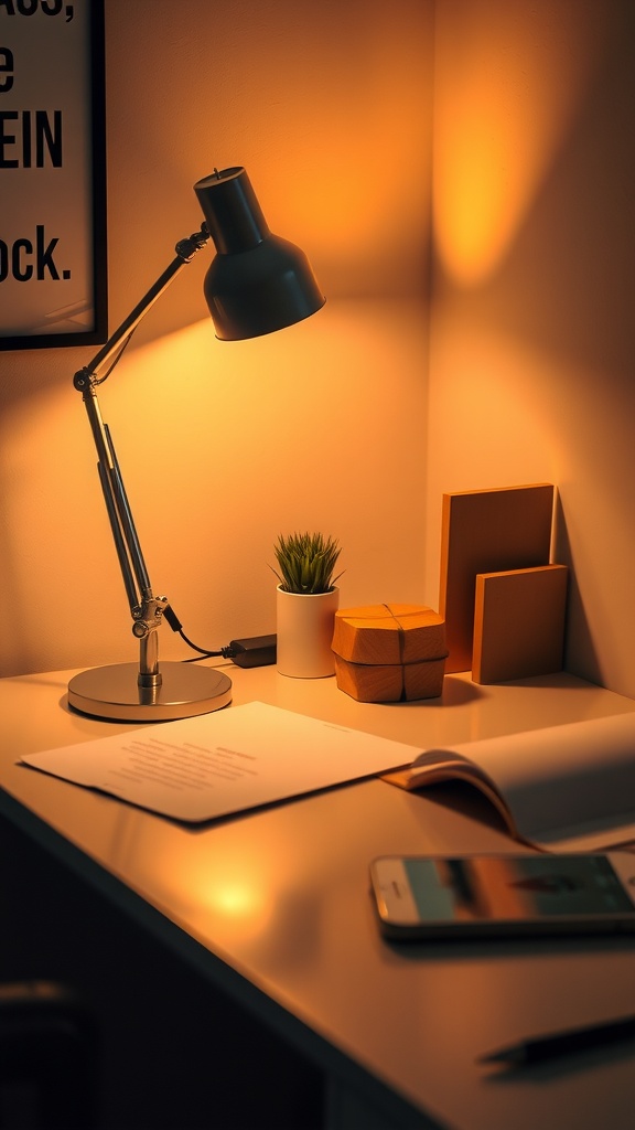 A modern desk with a warm-lit lamp, small plant, and organized items