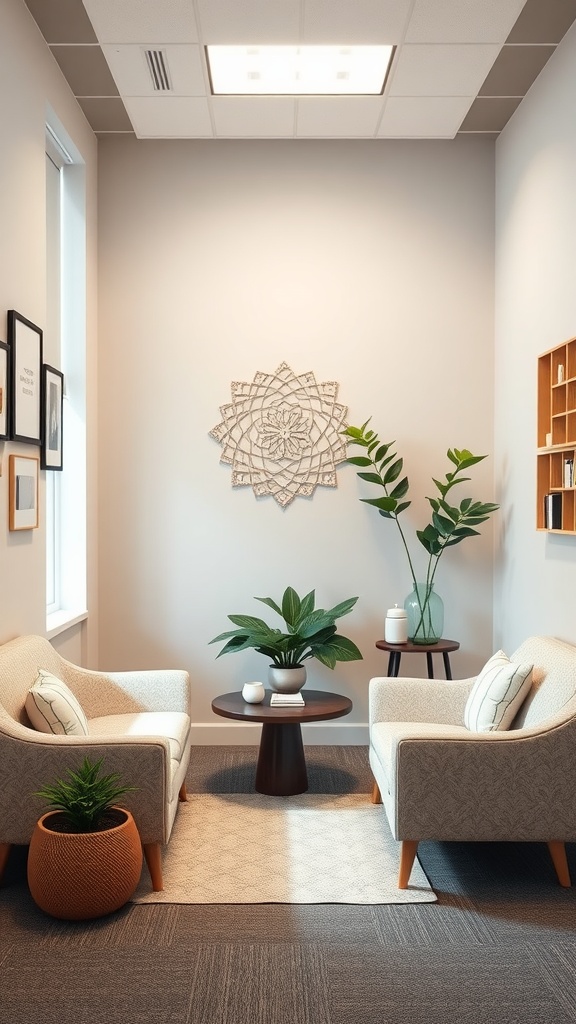A cozy office corner with two chairs, a small table, and plants, designed for mindfulness.
