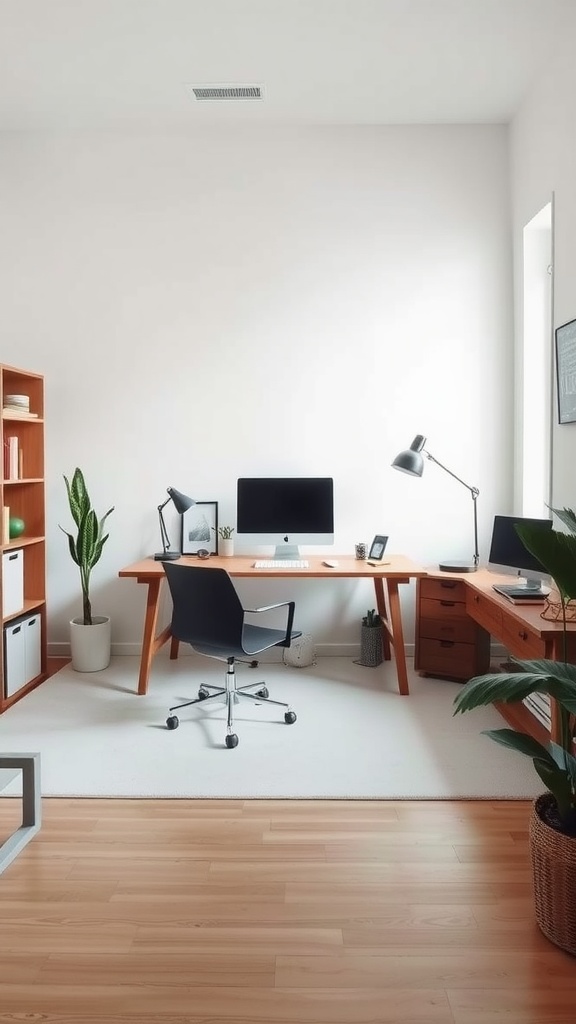 A minimalist home office featuring a wooden desk, modern chair, computer setup, and plants.